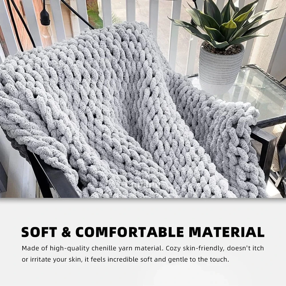 Chunky Knit Blanket - Gray Throw Blanket - Soft Chenille Throw - 40 x 60
